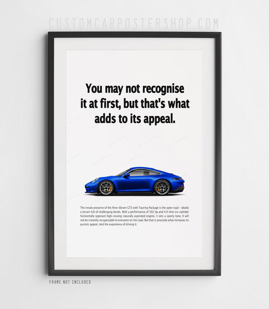 Porsche 911 GT3 992.1 poster – reimagined “Adds to Its Appeal” ad, Blue GT3 wall art for Porsche fans, office, garage, and man cave décor.