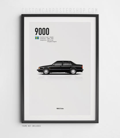 Saab 9000 CD minimalist poster featuring the classic Swedish sedan in Black.