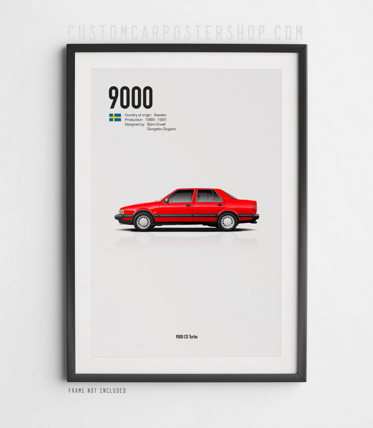 Saab 9000 CD minimalist poster featuring the classic Swedish sedan in red
