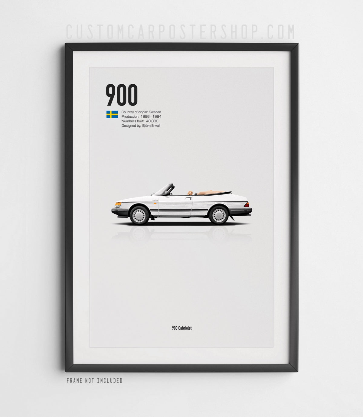 Saab 900 Turbo Cabriolet minimalist poster featuring a classic White Swedish convertible with beige interior