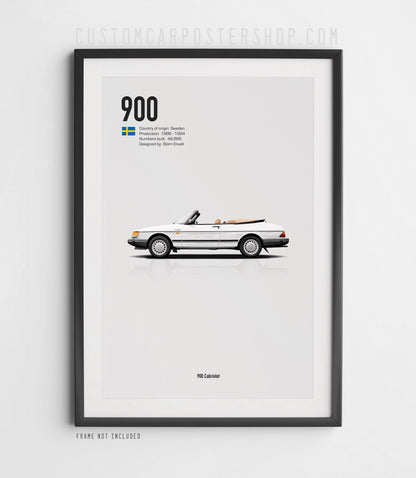 Saab 900 Turbo Cabriolet minimalist poster featuring a classic White Swedish convertible with beige interior