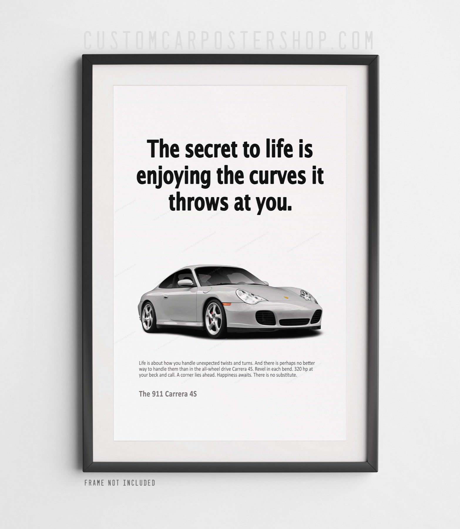 Remastered Porsche 911 Carrera 4S (996) poster – “Secret to Life” print ad featuring red 996 Coupe, ideal wall art for Porsche collectors and car lovers.