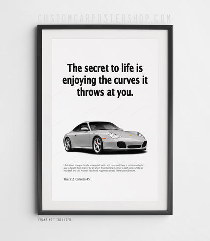 Remastered Porsche 911 Carrera 4S (996) poster – “Secret to Life” print ad featuring red 996 Coupe, ideal wall art for Porsche collectors and car lovers.
