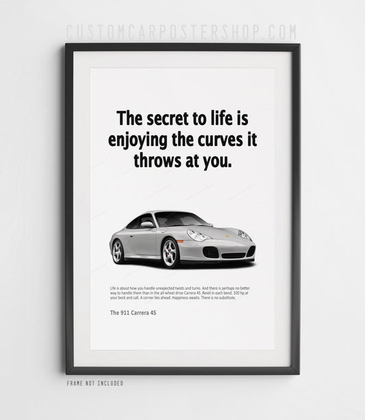 Remastered Porsche 911 Carrera 4S (996) poster – “Secret to Life” print ad featuring red 996 Coupe, ideal wall art for Porsche collectors and car lovers.