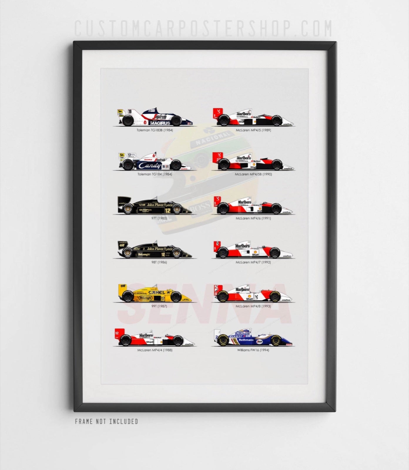 Ayrton Senna F1 Cars Tribute - (Lotus, Toleman, McLaren, Williams) Poster in a frame