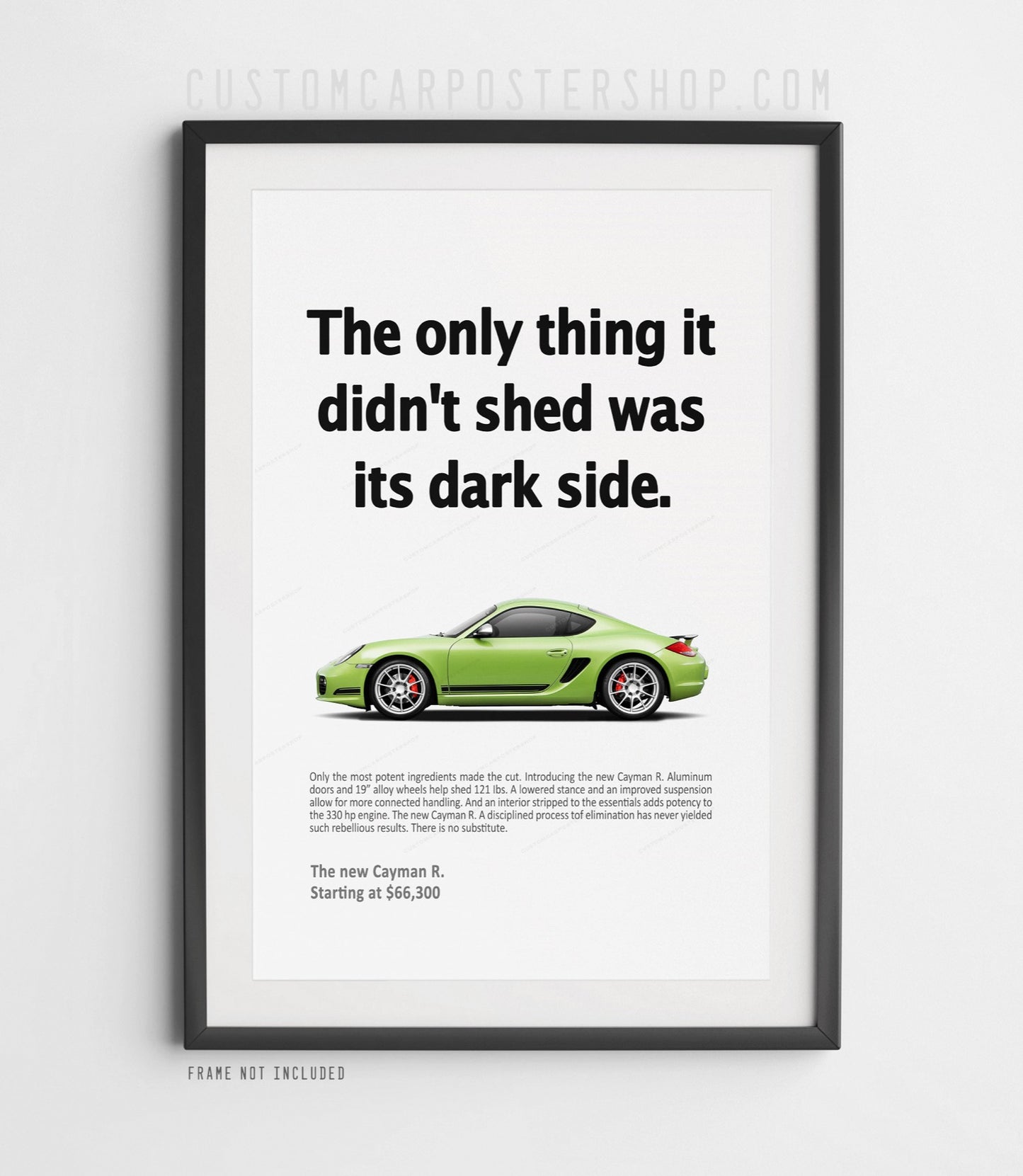 Remastered Porsche Cayman R ‘Shed the Dark Side’ print ad poster – 987.2 Cayman R retro advertisement wall art reproduction.
