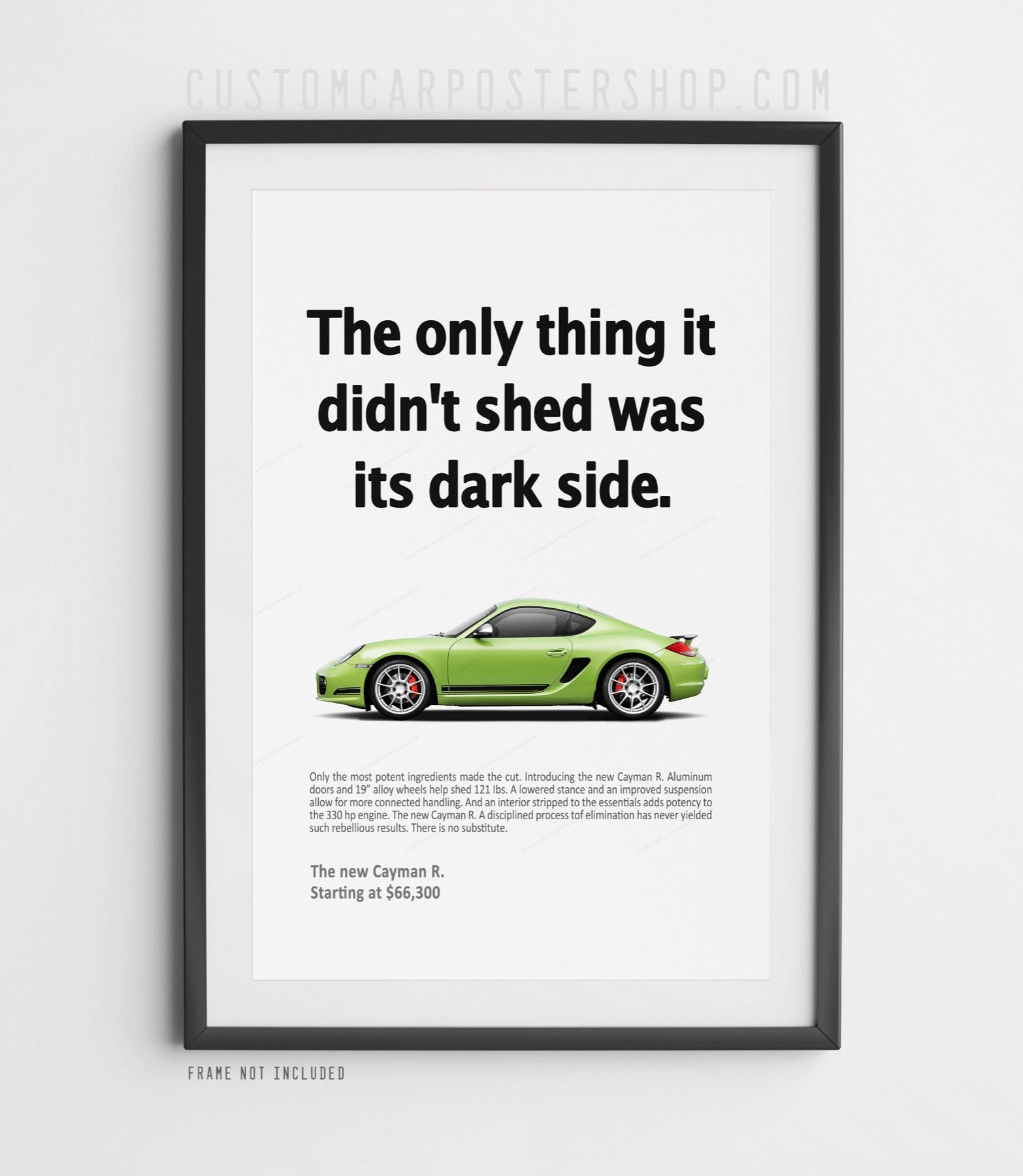 Remastered Porsche Cayman R ‘Shed the Dark Side’ print ad poster – 987.2 Cayman R retro advertisement wall art reproduction.