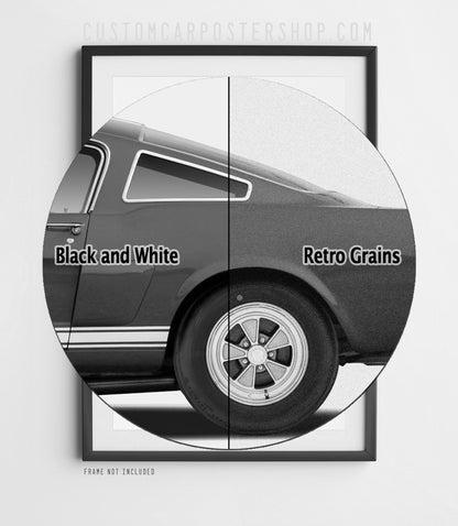 Black-and-white version of the remastered 1966 Shelby Mustang GT350 “How to make an Italian cry” print ad featuring a side-profile fastback.