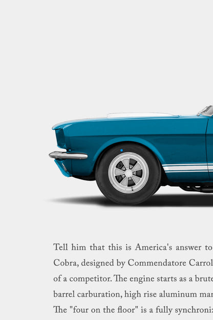 Close-up detail of the remastered 1966 Shelby GT350 “How to make an Italian cry” print ad showing the blue front end, wheel and body copy.