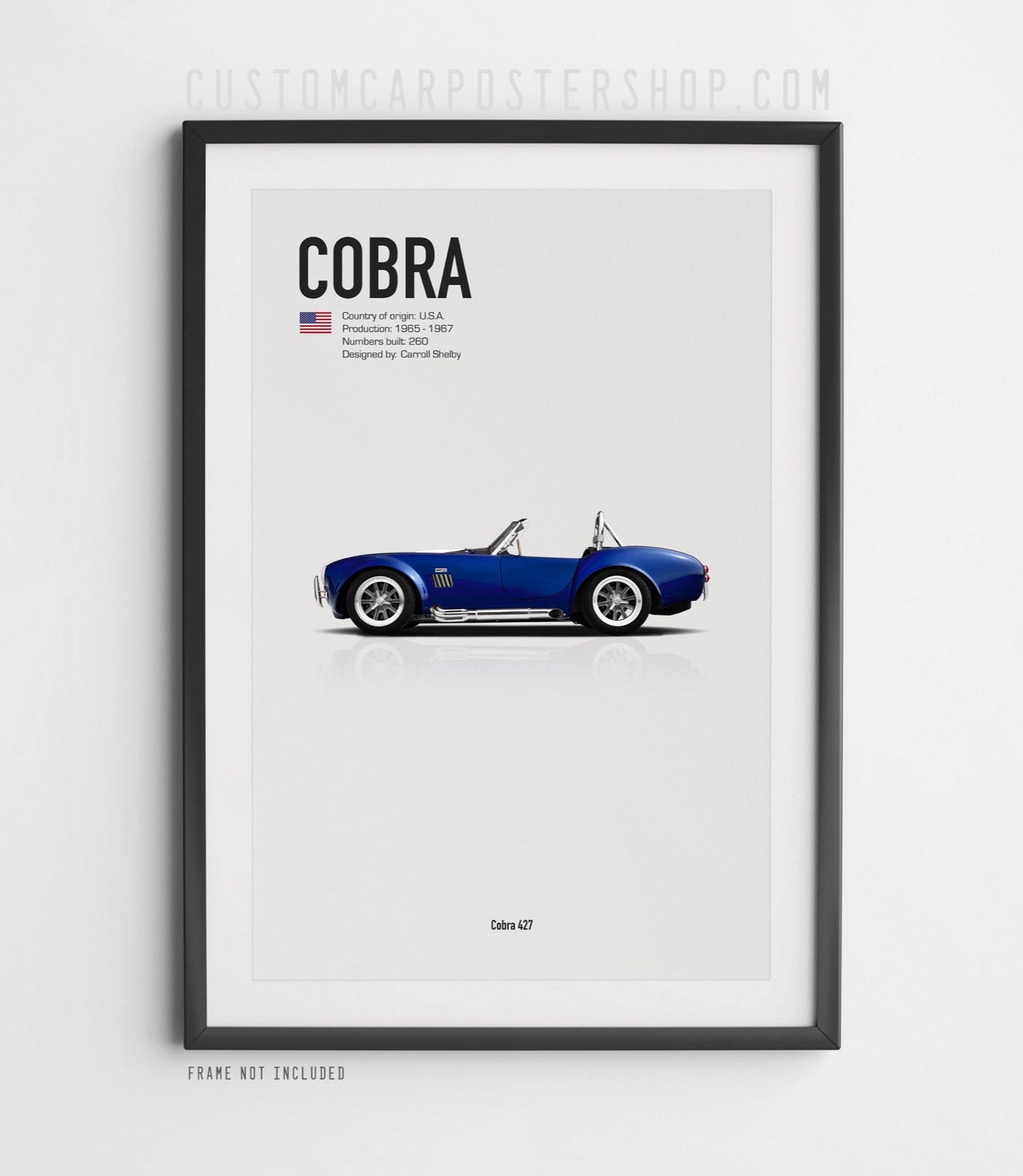 High-resolution Shelby Cobra 427 poster with Blue classic roadster side profile and minimalist automotive design.