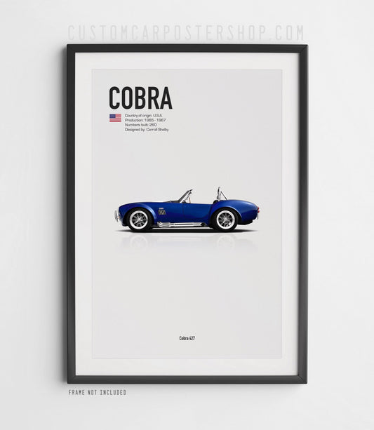 High-resolution Shelby Cobra 427 poster with Blue classic roadster side profile and minimalist automotive design.
