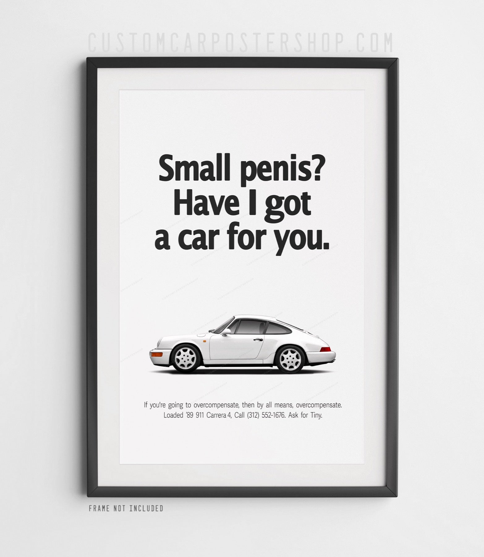 “Remastered Porsche 911 Carrera 4 (964) Overcompensate print ad poster — humorous classic car wall art for Porsche enthusiasts.”