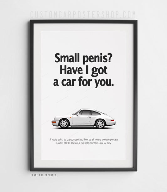 “Remastered Porsche 911 Carrera 4 (964) Overcompensate print ad poster — humorous classic car wall art for Porsche enthusiasts.”