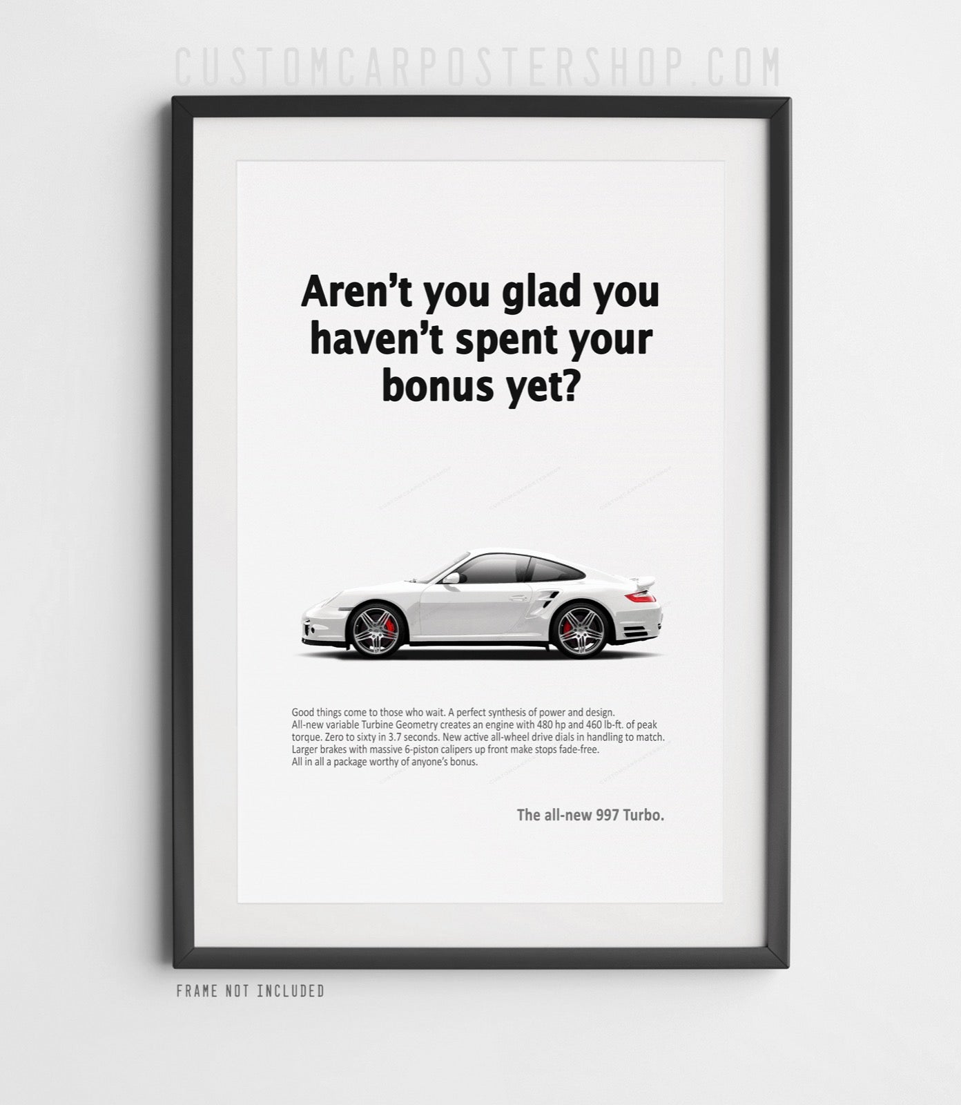 White Porsche 911 (997) Turbo Vintage Ad - Spent Your Bonus Poster in a frame