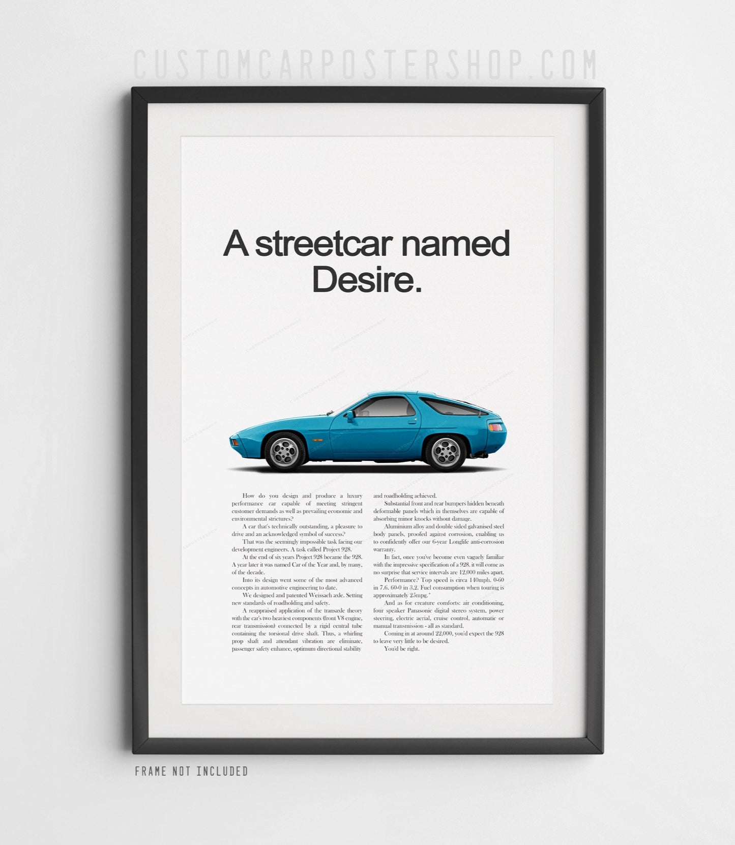 Porsche 928 blue coupe poster with “A streetcar named Desire” vintage advertisement text minimalist wall art