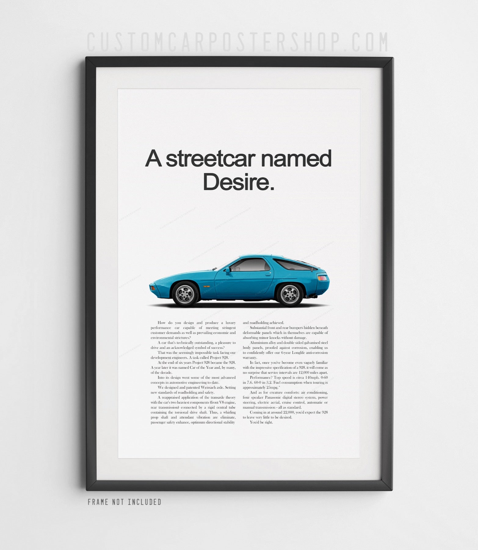 Porsche 928 blue coupe poster with “A streetcar named Desire” vintage advertisement text minimalist wall art