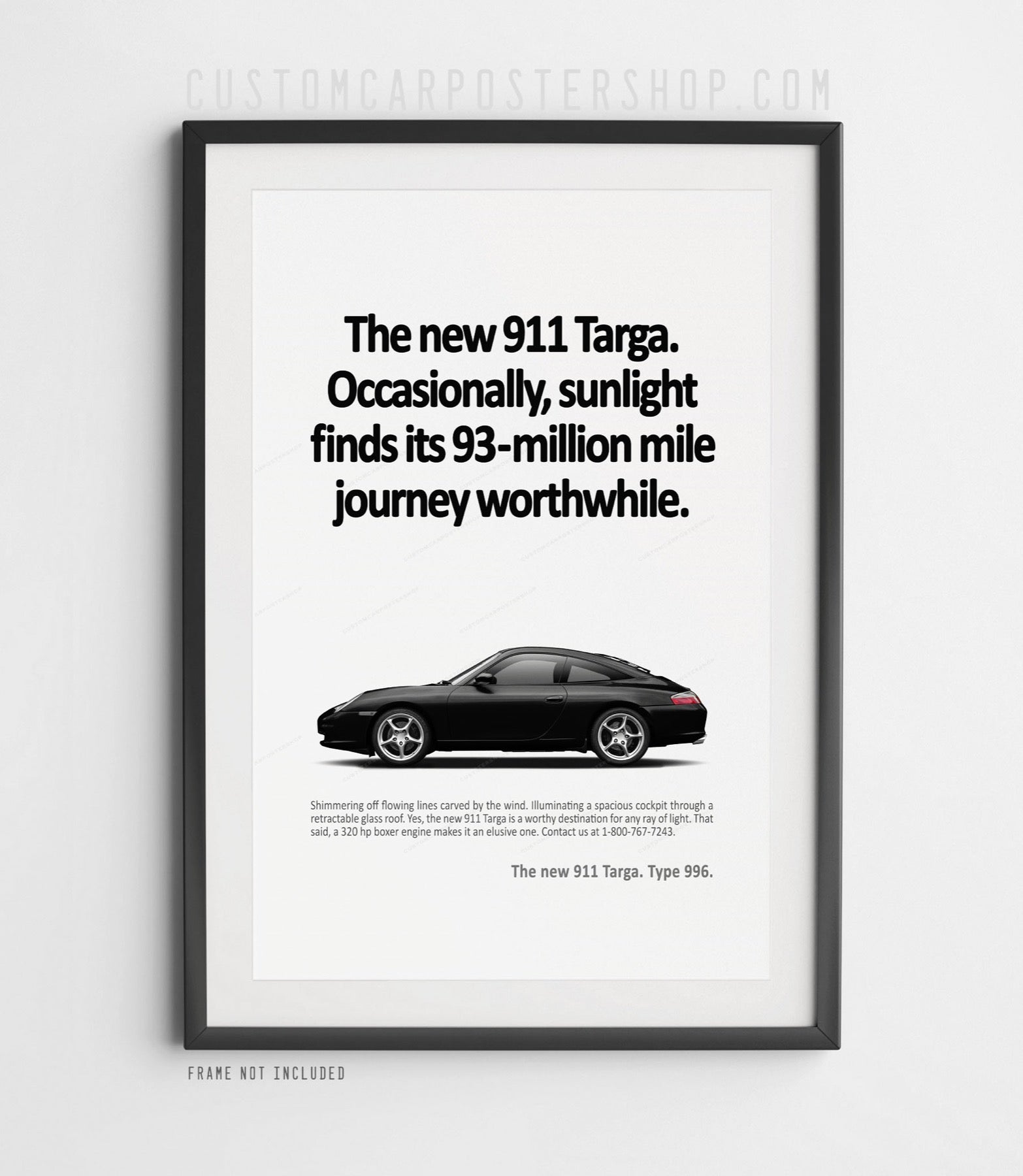 Remastered Porsche 911 (996) Targa “Sunlight” classic ad poster featuring a blue 996 Targa side profile with vintage-style typography.