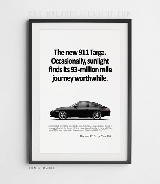 Remastered Porsche 911 (996) Targa “Sunlight” classic ad poster featuring a blue 996 Targa side profile with vintage-style typography.