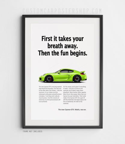 Porsche 981 Cayman GT4 Print Ad - Takes Your Breath Away