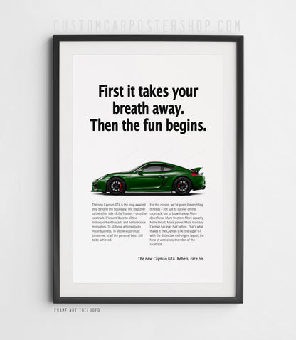 Porsche 981 Cayman GT4 Print Ad - Takes Your Breath Away