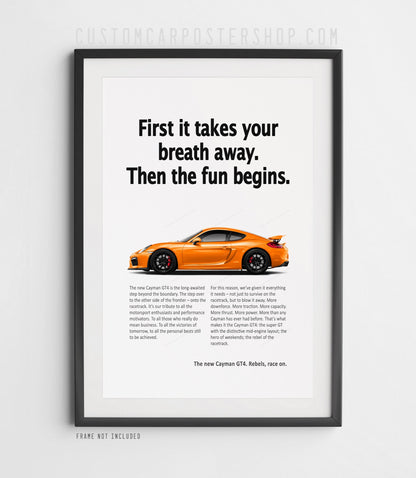 Porsche 981 Cayman GT4 Print Ad - Takes Your Breath Away