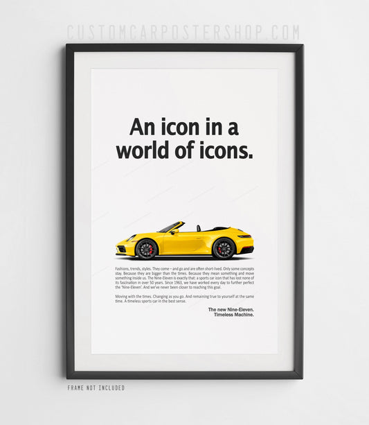 Framed Porsche 911 Cabriolet 992.1 “Timeless Machine” Ad Poster – Convertible Photorealistic Print for Porsche Collectors and Car Enthusiasts