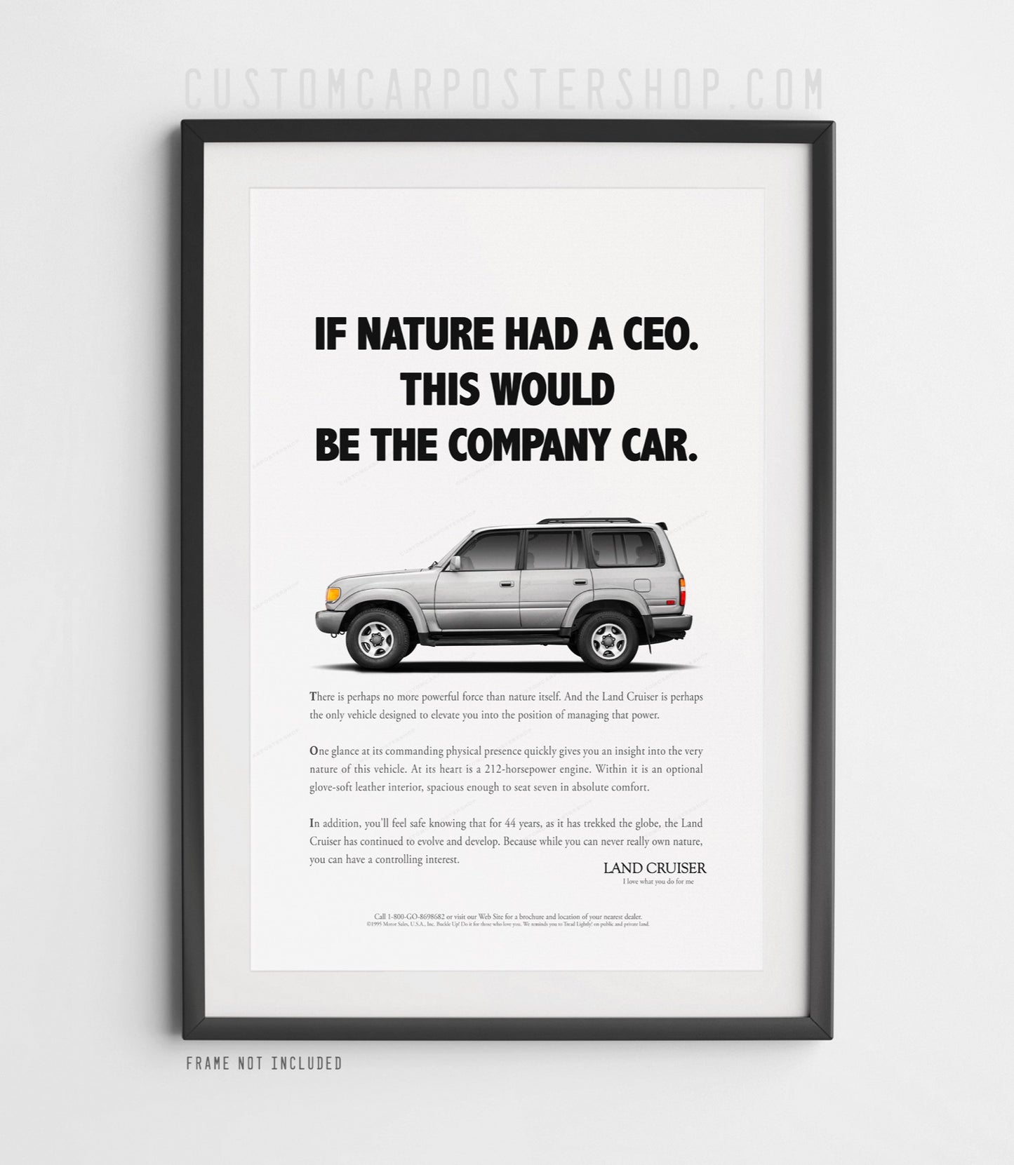 Classic Toyota Land Cruiser FZJ80 “Company Car” poster featuring vintage-style ad design with rugged 4x4 SUV and bold tagline.