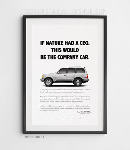 Classic Toyota Land Cruiser FZJ80 “Company Car” poster featuring vintage-style ad design with rugged 4x4 SUV and bold tagline.