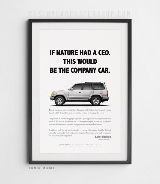 Classic Toyota Land Cruiser FZJ80 “Company Car” poster featuring vintage-style ad design with rugged 4x4 SUV and bold tagline.