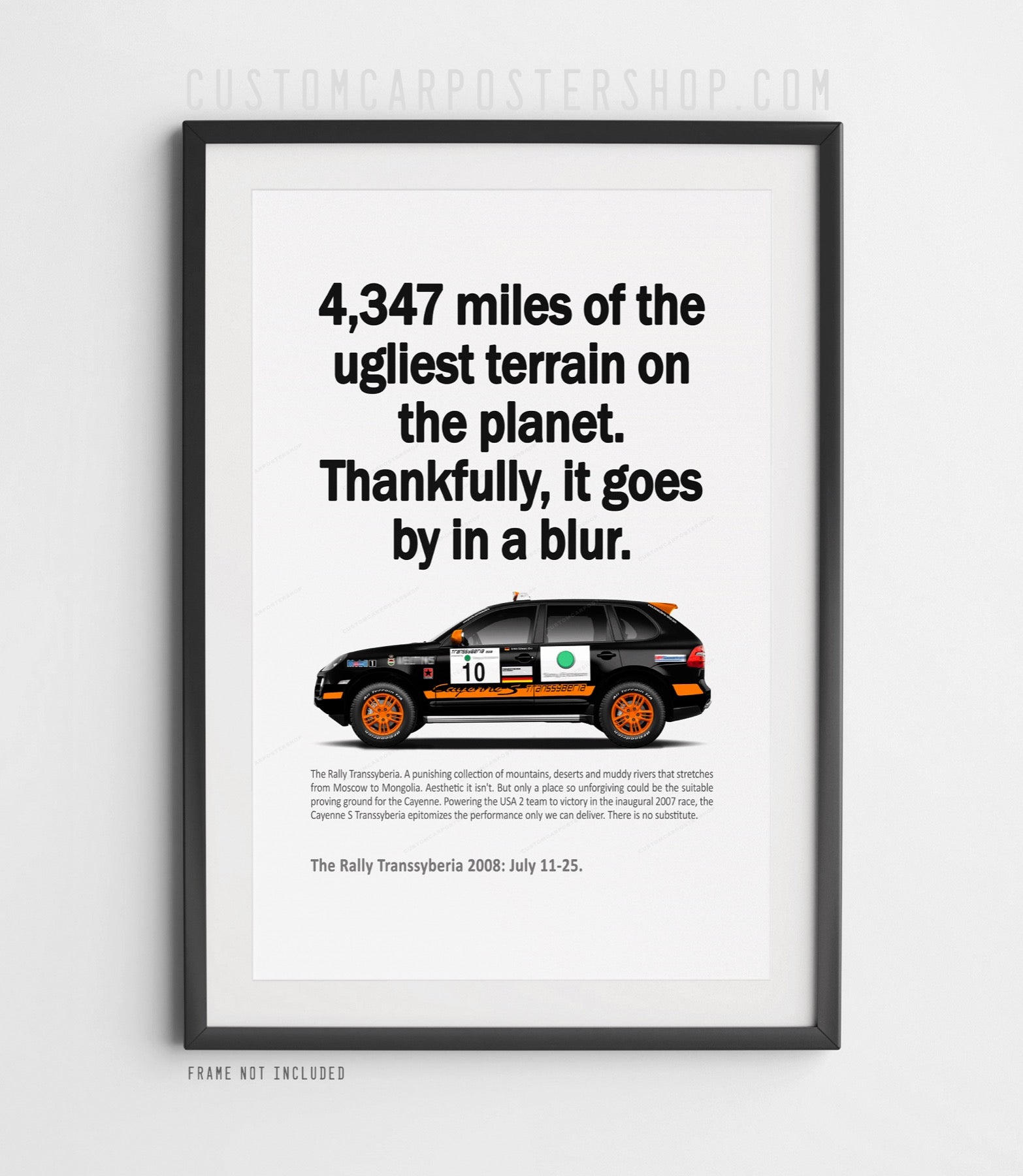Remastered Porsche Cayenne S Transsyberia Rally 2008 print ad poster – premium wall art for Porsche fans, garages, and motorsport decor.