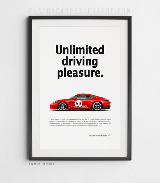 Porsche 992 S/T “Unlimited Driving Pleasure” poster with photorealistic modern Porsche design, perfect wall art for collectors and automotive enthusiasts.