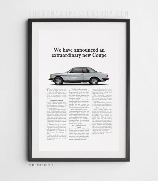 Mercedes-Benz 300CD C123 remastered vintage print ad poster featuring a silver coupe with the headline "Mercedes-Benz announces an extraordinary new Coupe"
