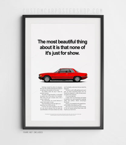 Mercedes-Benz 450SLC European-spec vintage poster with red coupe and “Not Just for Show” headline
