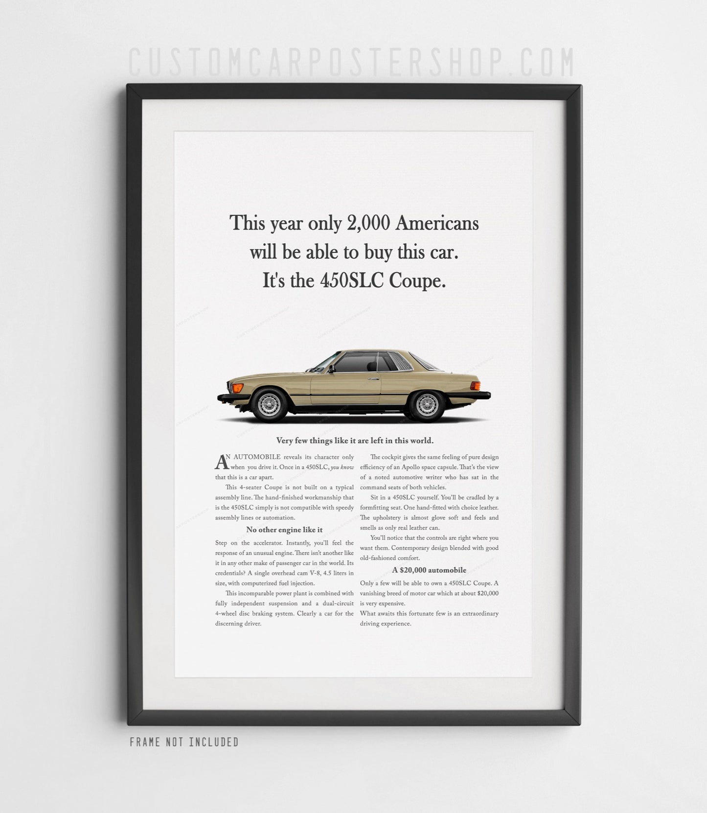 Mercedes-Benz 450SLC vintage advertisement poster with Gold coupe and “Only 2,000 Americans” headline