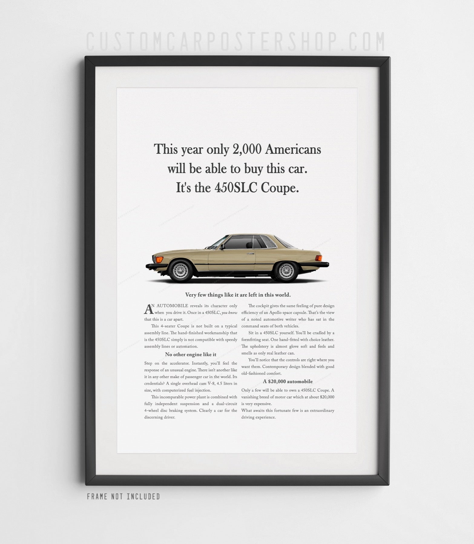 Mercedes-Benz 450SLC vintage advertisement poster with Gold coupe and “Only 2,000 Americans” headline