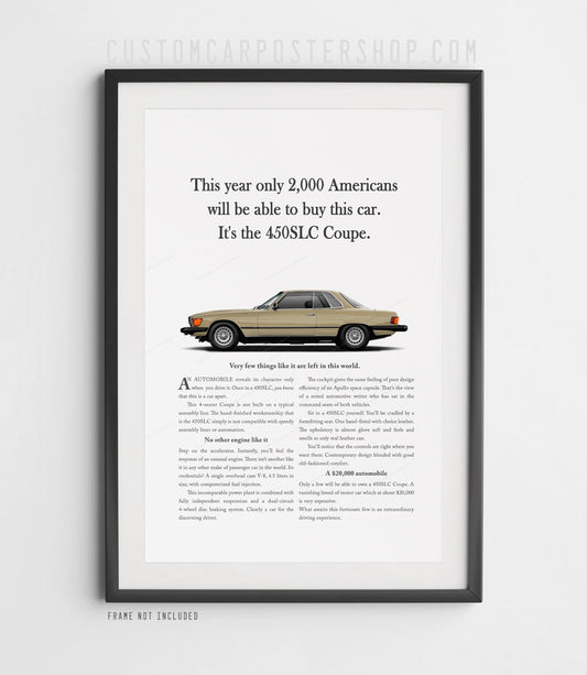 Mercedes-Benz 450SLC vintage advertisement poster with Gold coupe and “Only 2,000 Americans” headline