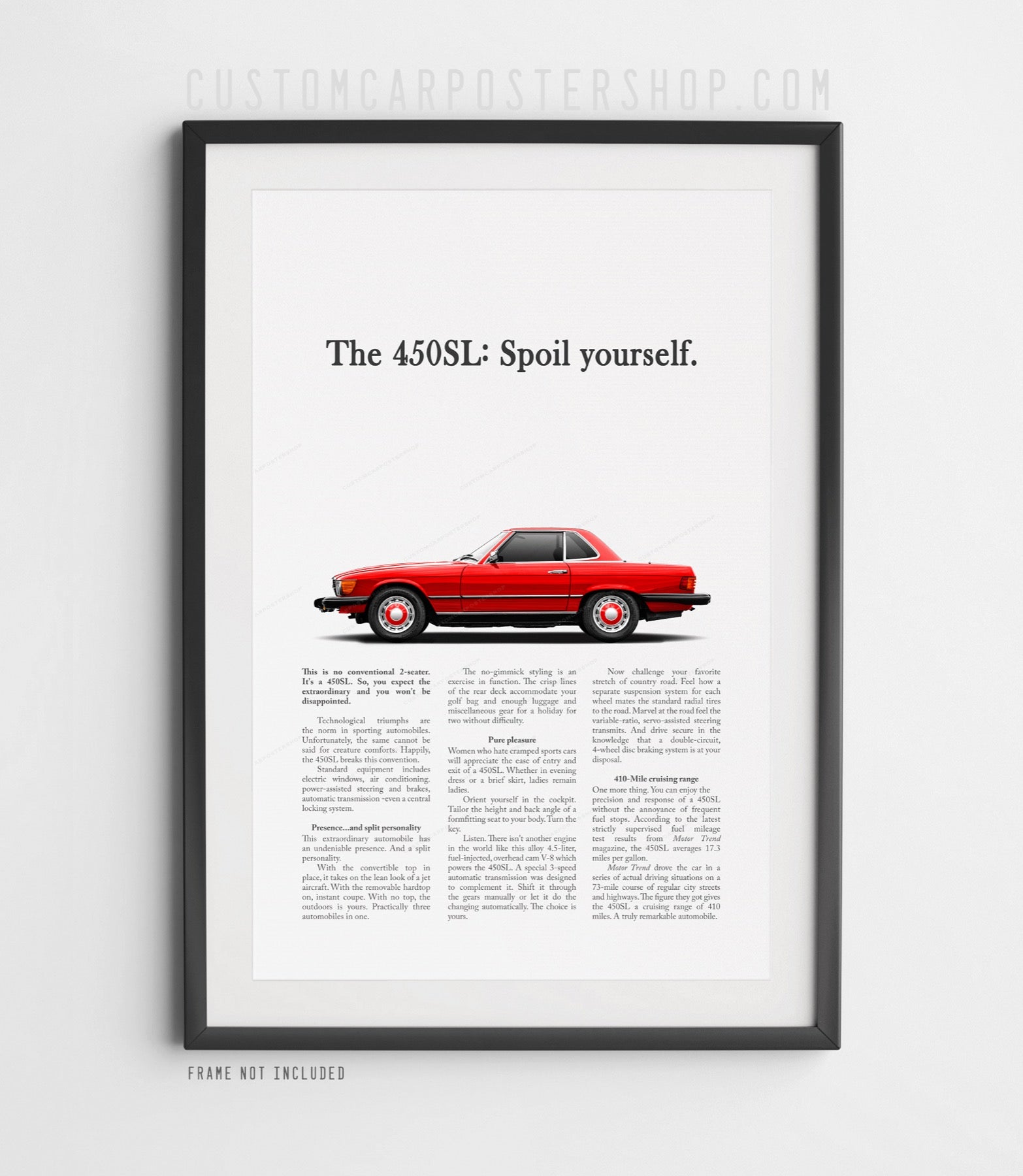 Mercedes-Benz 450SL vintage advertisement poster with red R107 SL and “Spoil yourself” headline