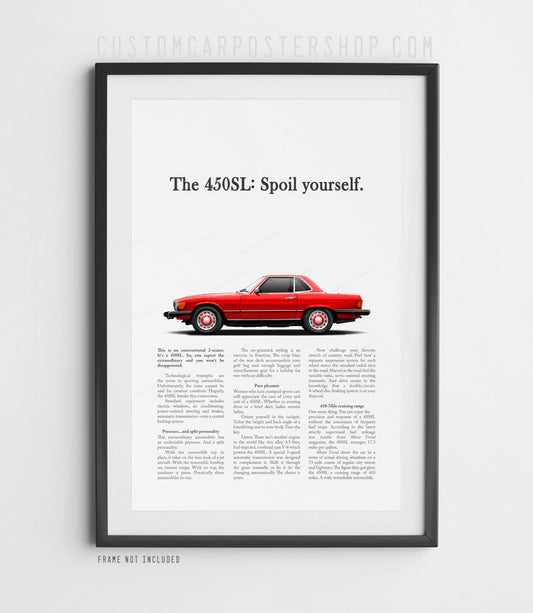 Mercedes-Benz 450SL vintage advertisement poster with red R107 SL and “Spoil yourself” headline