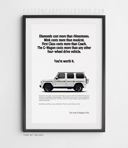 Remastered Mercedes G63 AMG “You’re Worth It” vintage print advertisement poster featuring a white G-Wagon SUV in side profile.