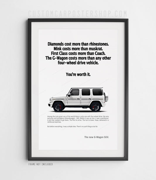 Remastered Mercedes G63 AMG “You’re Worth It” vintage print advertisement poster featuring a white G-Wagon SUV in side profile.