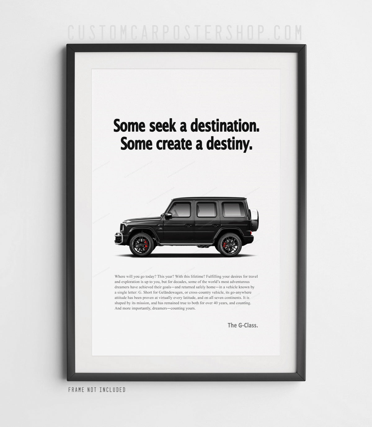 Remastered Mercedes-AMG G63 “Create a Destiny” print advertisement poster featuring a black G-Class SUV in side profile.