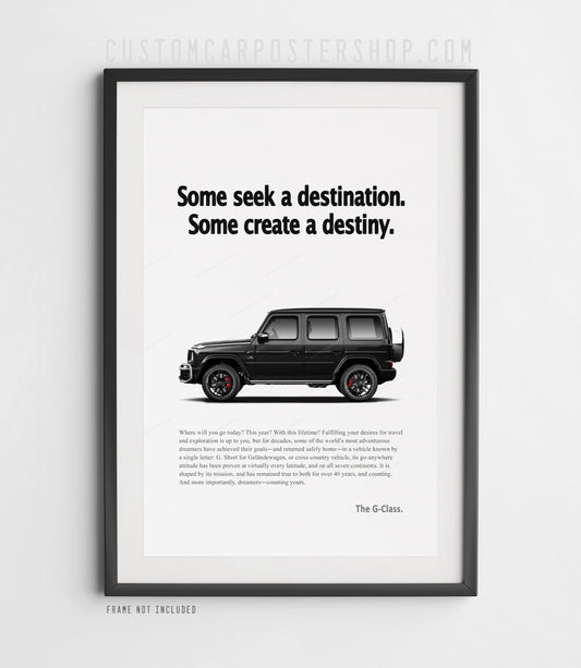 Remastered Mercedes-AMG G63 “Create a Destiny” print advertisement poster featuring a black G-Class SUV in side profile.