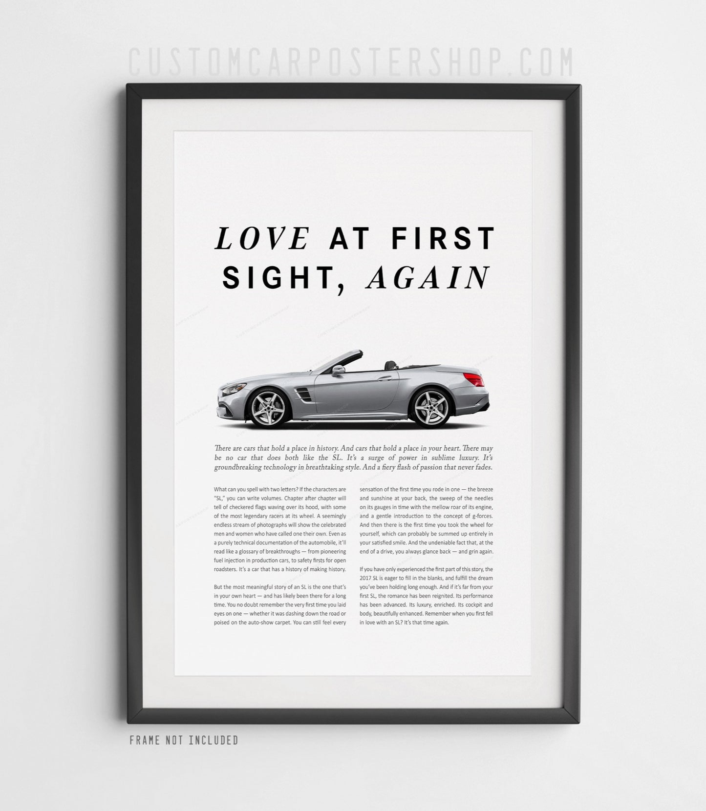 Mercedes-Benz SL550 R231 remastered print ad poster featuring a silver convertible side profile with the headline "Love at First Sight, Again."