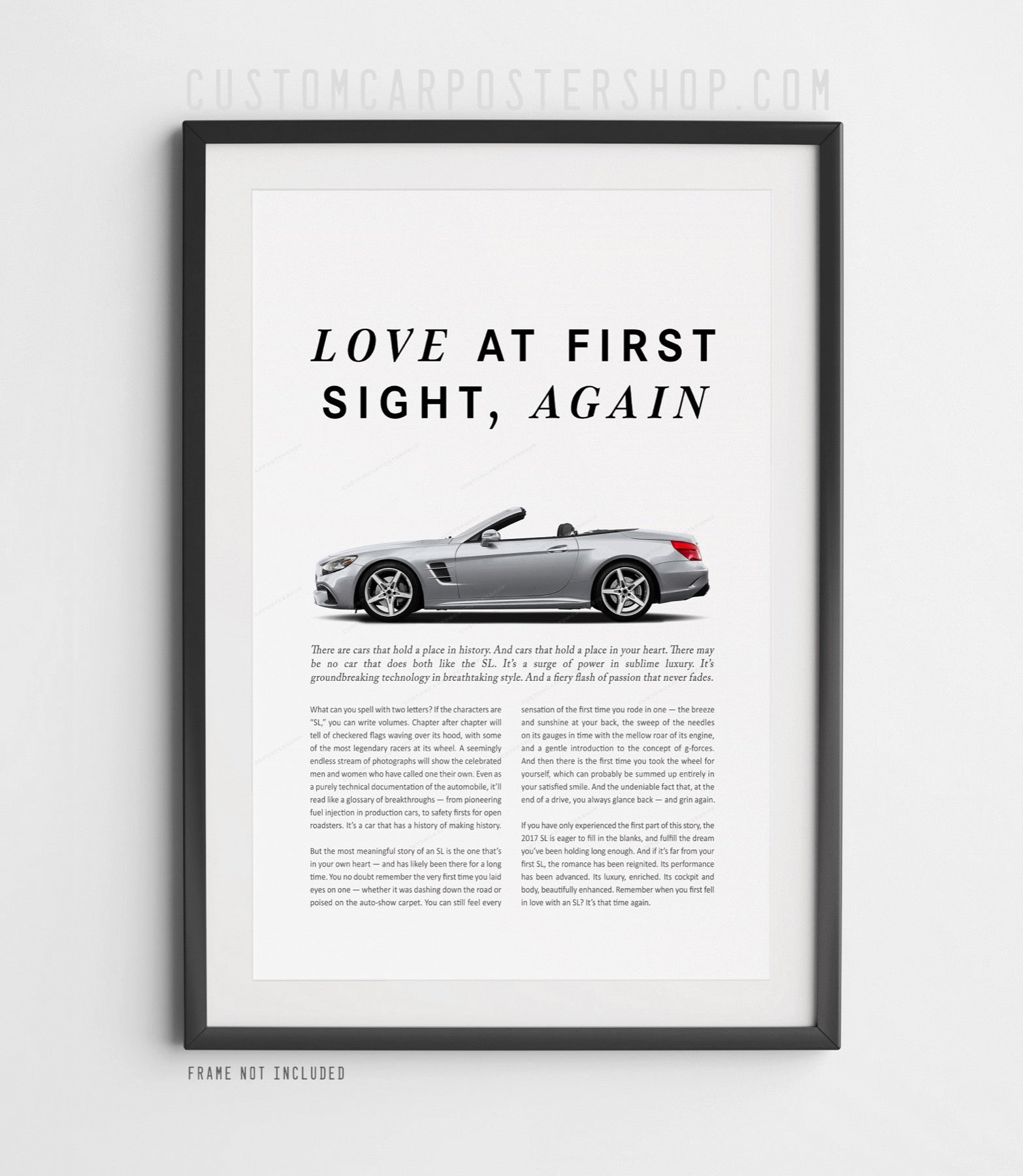 Mercedes-Benz SL550 R231 remastered print ad poster featuring a silver convertible side profile with the headline "Love at First Sight, Again."