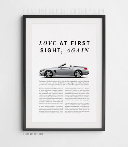 Mercedes-Benz SL550 R231 remastered print ad poster featuring a silver convertible side profile with the headline "Love at First Sight, Again."