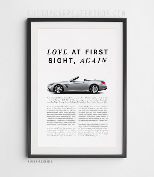 Mercedes-Benz SL550 R231 remastered print ad poster featuring a silver convertible side profile with the headline "Love at First Sight, Again."