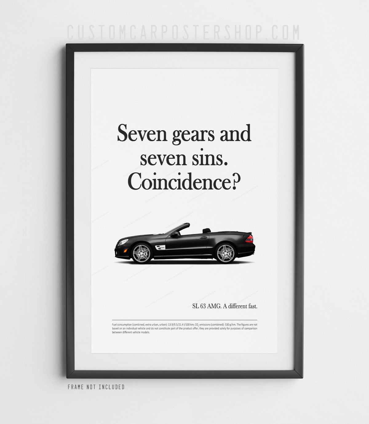 Remastered Mercedes-Benz SL 63 AMG “Seven gears and seven sins” print advertisement poster featuring a black R230 roadster in side profile.