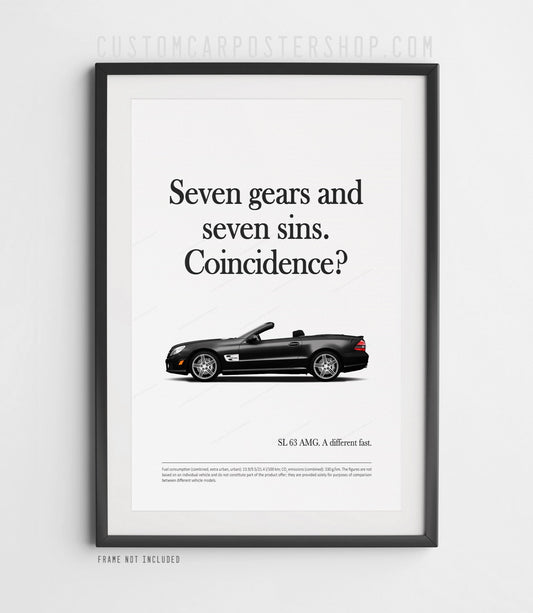 Remastered Mercedes-Benz SL 63 AMG “Seven gears and seven sins” print advertisement poster featuring a black R230 roadster in side profile.