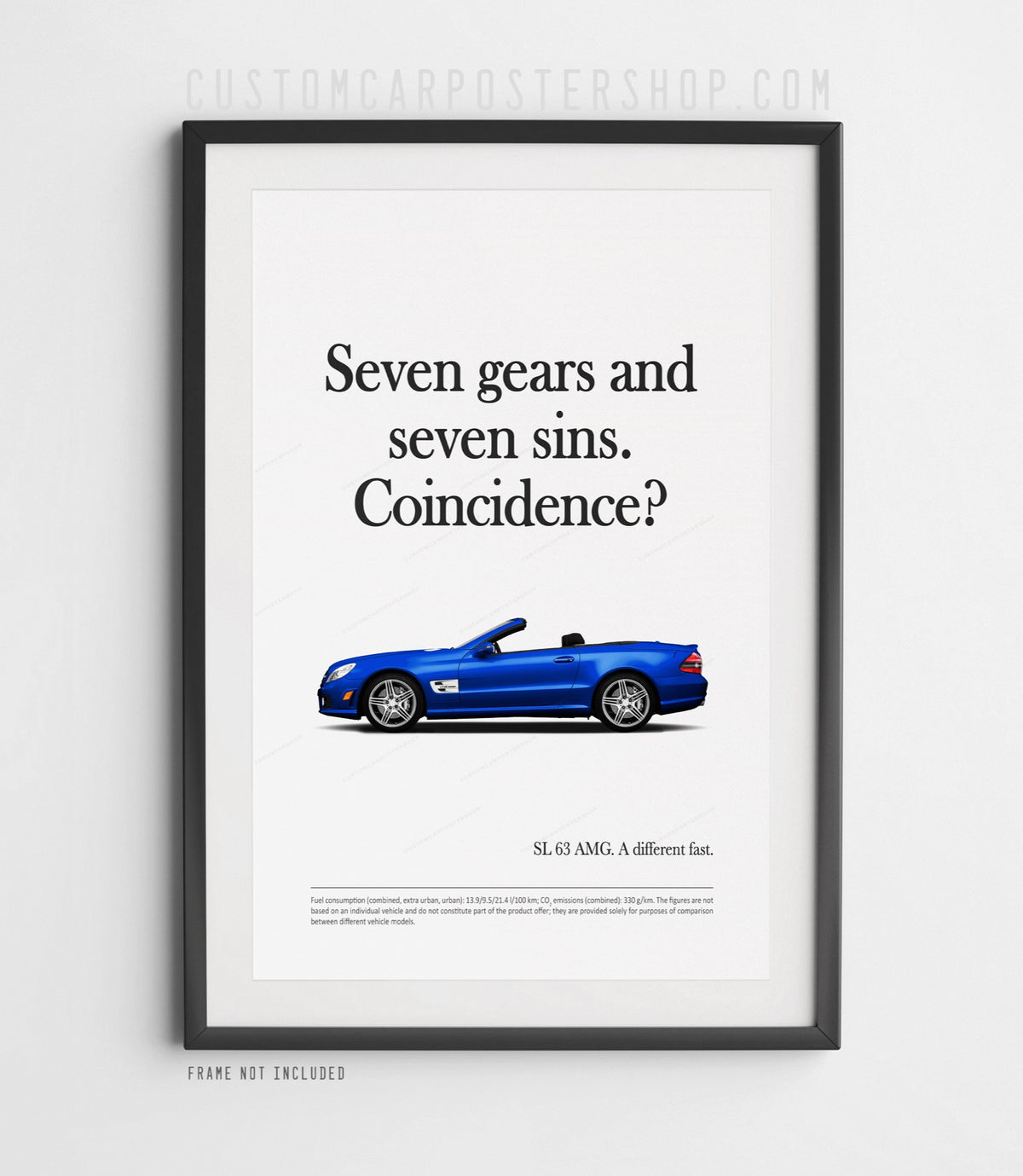 Remastered Mercedes-Benz SL 63 AMG “Seven gears and seven sins” print advertisement poster featuring a blue R230 roadster in side profile.