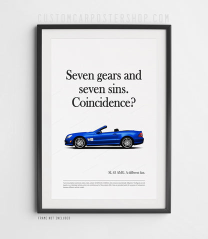 Remastered Mercedes-Benz SL 63 AMG “Seven gears and seven sins” print advertisement poster featuring a blue R230 roadster in side profile.